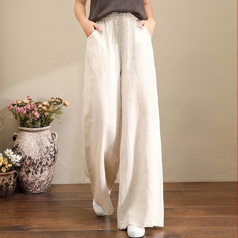 Casual Cotton Linen Wide Leg Width Pants Woman Trendeez Elegant Baggy ...
