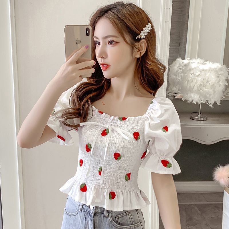 Women's chiffon tops summer new style slim off shoulder square collar folds  ruffled elastic waist design fashion puff sleeves fruit embroiderd design  casual