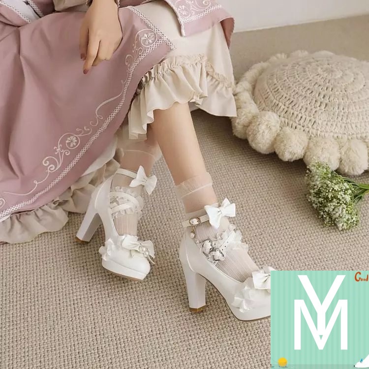 2022 spring sweet Korean version of high heels round toe thick sole thick heel shoes Lolita comics lo shoes plus size women s shoes