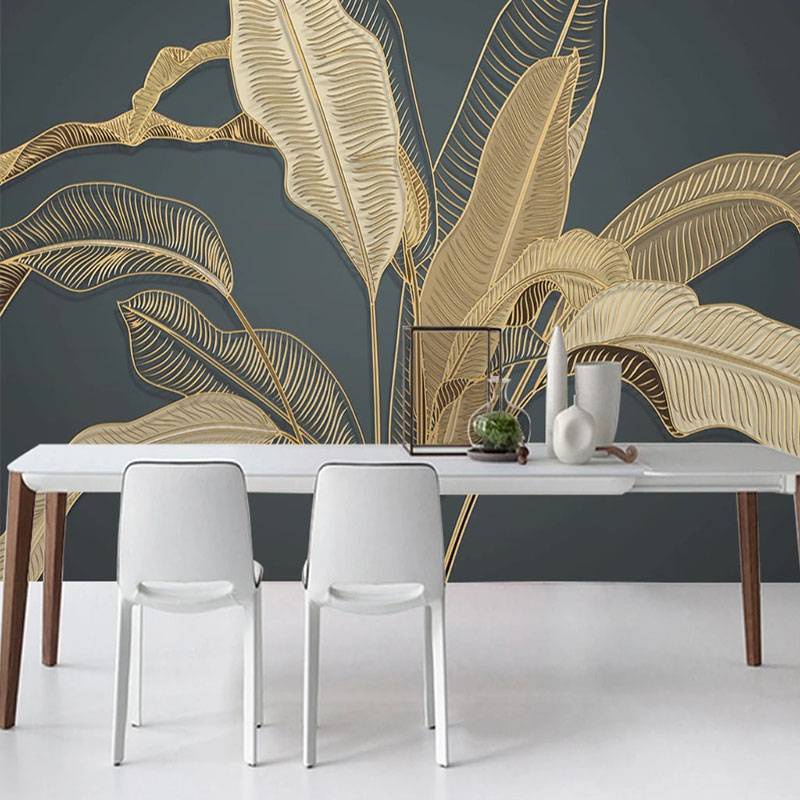 Custom Wallpaper Modern Tropical Plants Banana Leaf Gold Line 3D Relief ...