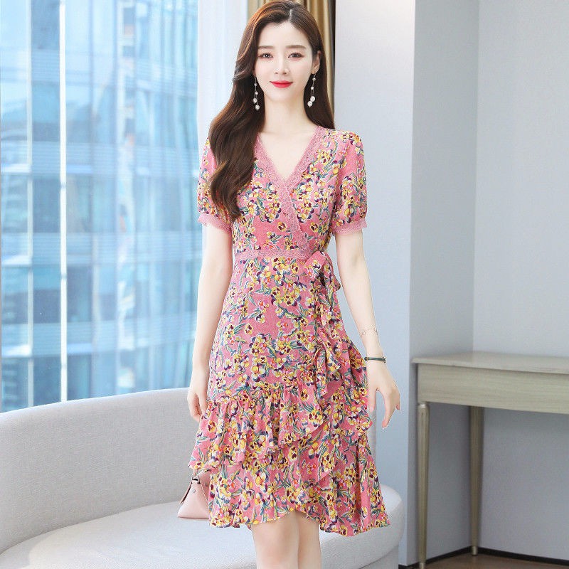 ۞♢□summer 2021 new floral chiffon dress female summer high-end