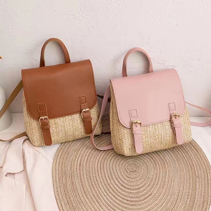 EMS fashion Bagpack Handbag Double Shoulder School Bag Small Ladies Square backpack Straw PU Leather Shopee Philippines