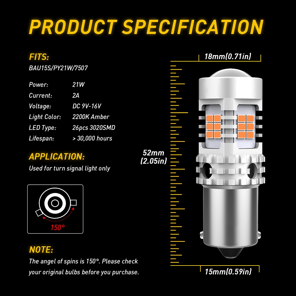 Auxito 2pcs No Hyper Flash T20 7440 1156 P21w Ba15s Led Bulb 15000lm 