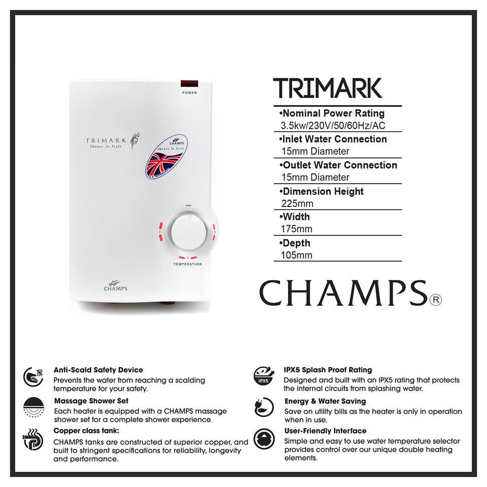 Champs Trimark 3.5 kw Singlepoint Water Heater (White)8 | Shopee Philippines