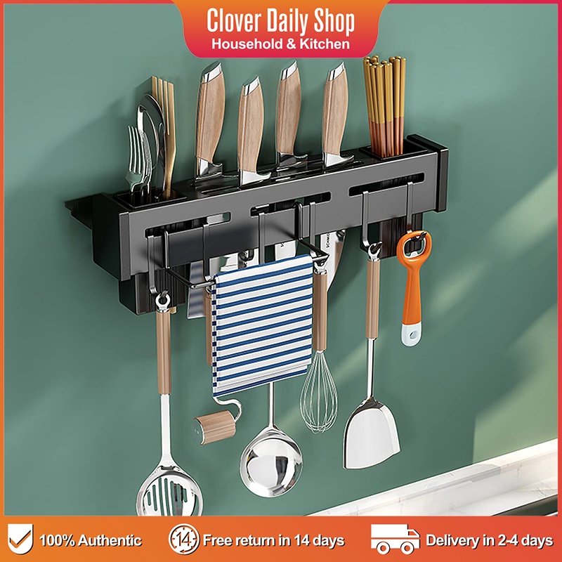 Wall Mounted Kitchen Shelf Kitchen Knife Rack with Hooks Stainless ...