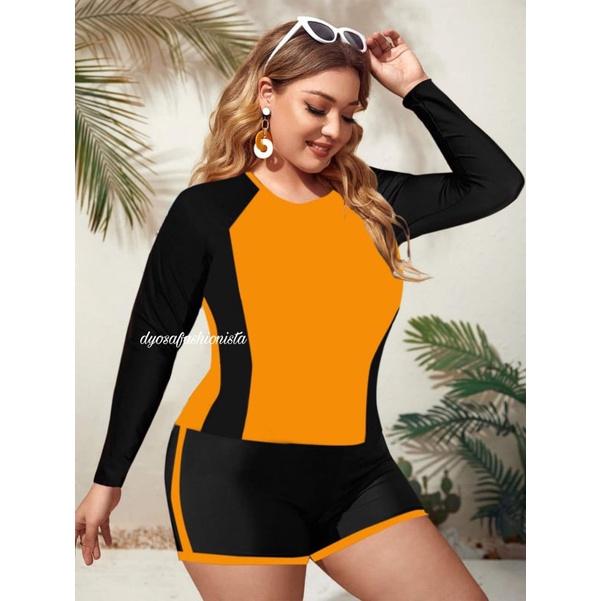 Plus size long long sleeve Rush guard with dolphin short set Summer ...