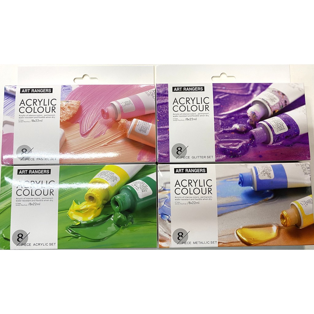 Art Rangers Acrylic Paint Set x8pcs 22ml (Primary Acrylic, Pastel, Glitter, Metallic, Neon