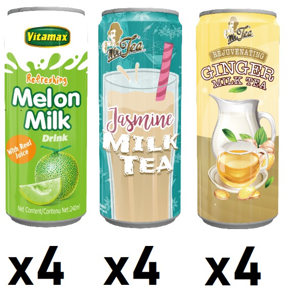 MR TEA Jasmine Milk Tea x 4 Cans / VITAMAX MELON Flavoured Milk x 4 ...