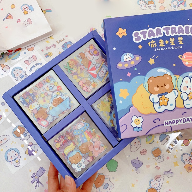 25/100 Sheets Transparent Space Theme Sticker Cartoon Cute Scrapbook ...