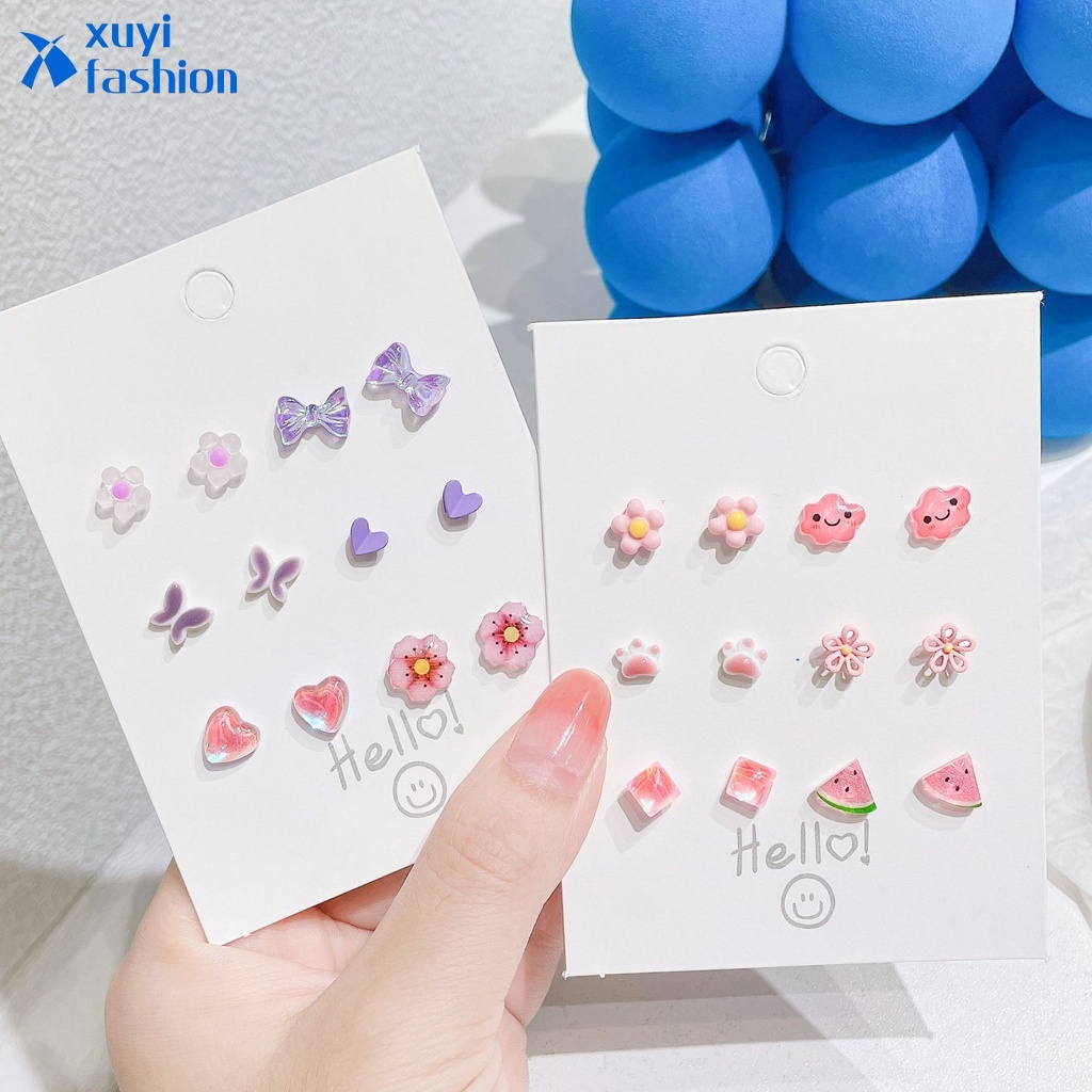 6Pairs/set Cute Butterfly Heart Stud Earring Set Colorful Flower ...