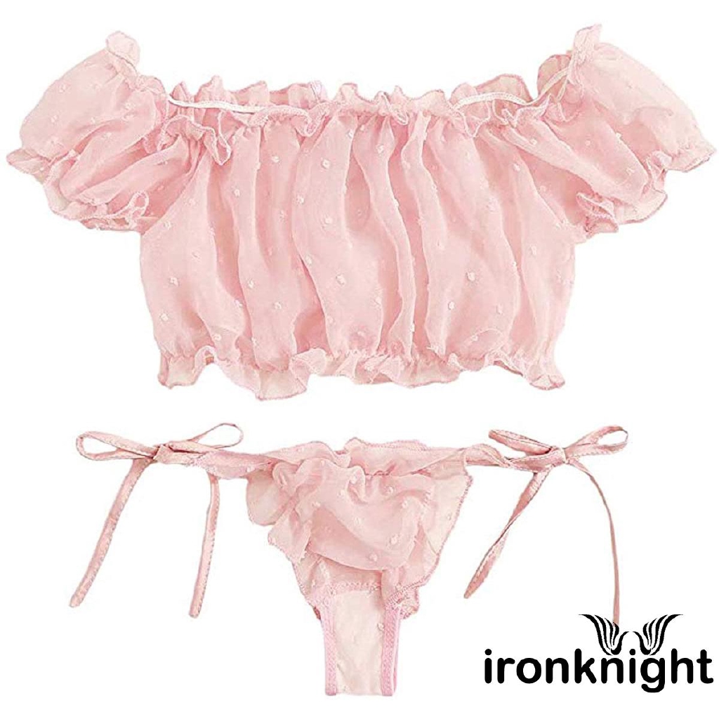 Women Two Pieces Set, Sexy Off Shoulder Ruffle Trim Lingerie Set Bra ...
