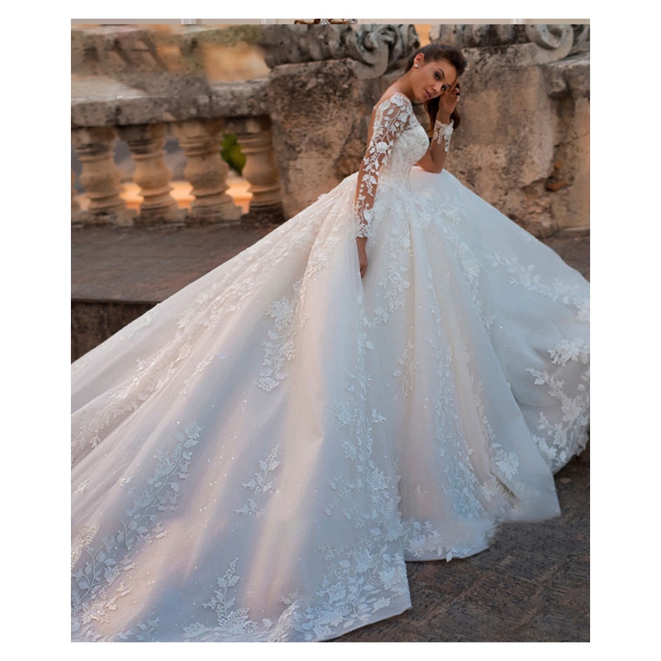 Illusion White/Ivory Wedding Dresses Elegant Long Sleeves Appliques ...