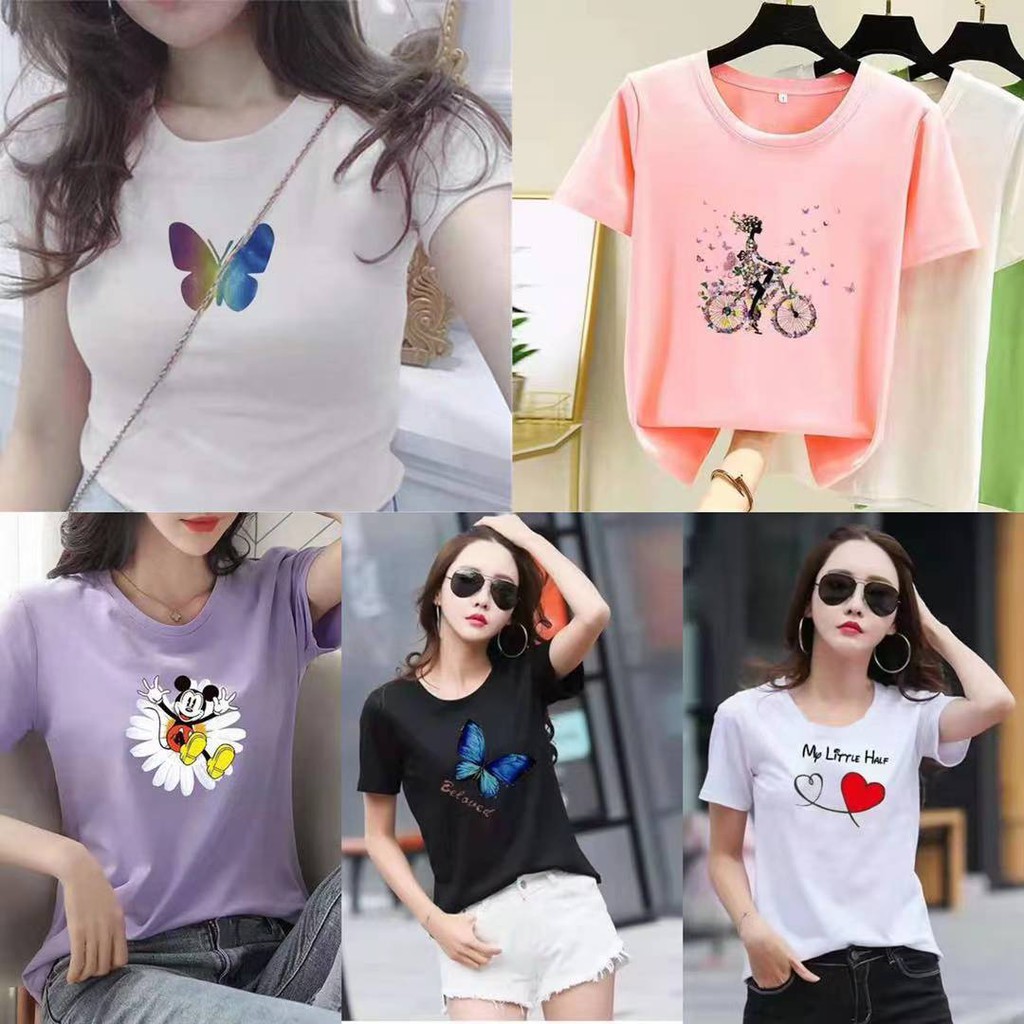 F F Korean style Round Neck Pattern T shirts For Womens Unisex Tops Tees