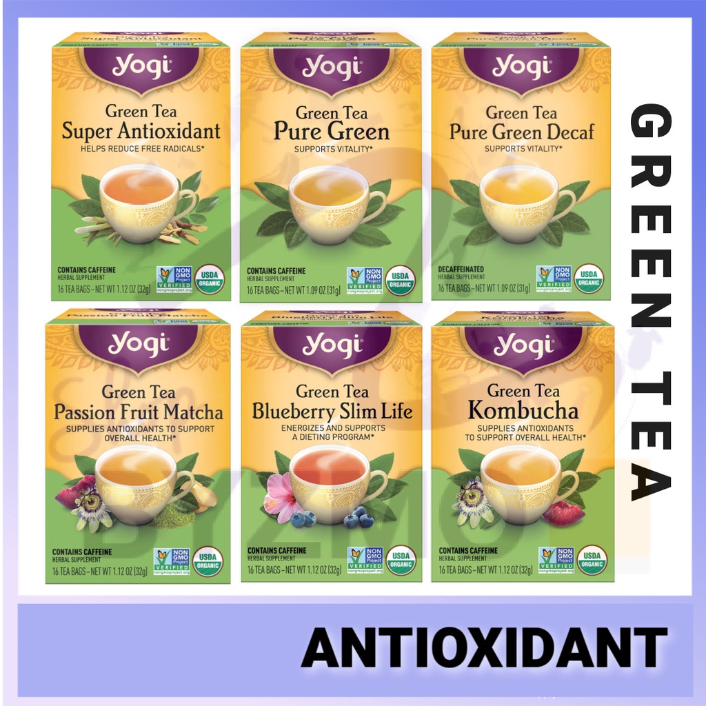 Yogi Organic Tea Green Tea Decaf, blueberry slim, kombucha, Matcha
