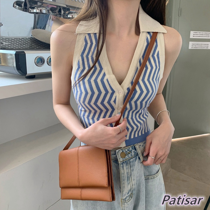Striped Knitted Sleeveless tank top Halter Lapel backless Top | Shopee ...