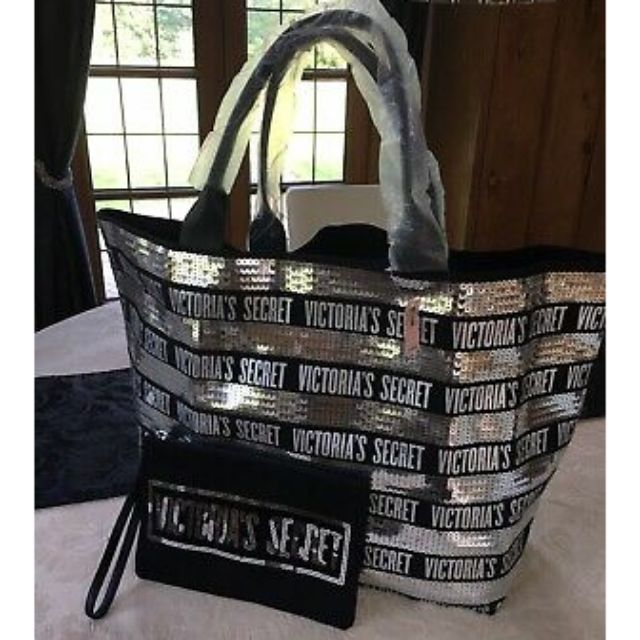 Victoria secret black and sale silver tote