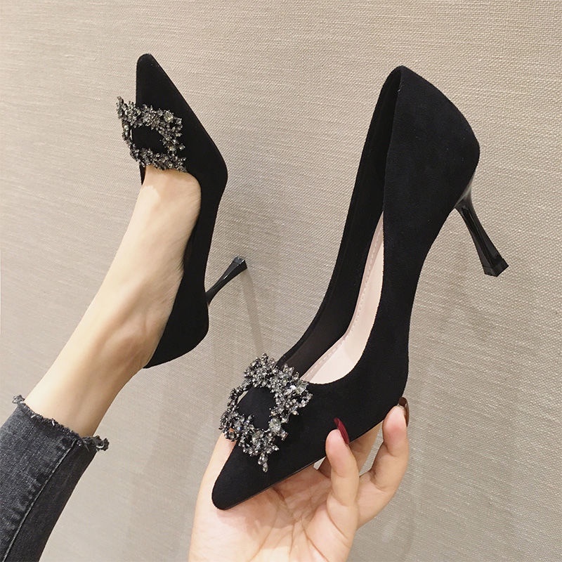 Fine 2022 Spring and Autumn New Fashion Rhinestone All Matching Girlish Black Pointed high Shoes for Work Shopee Philippines