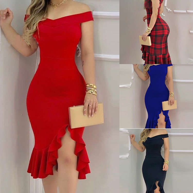 Women'S Off The Shoulder Split Ruffle Hem Bodycon Midi Dress Elegant ...