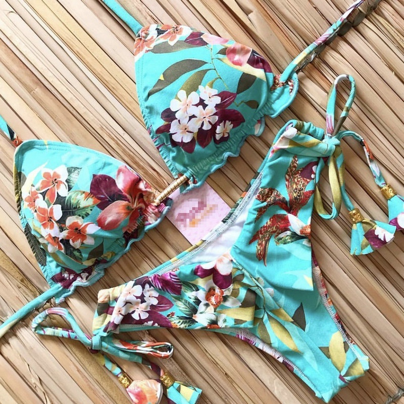 Sexy Floral Print Swimsuit 2 Pieces Swimwear Push Up Micro String Bikini Set Padded Women Thong