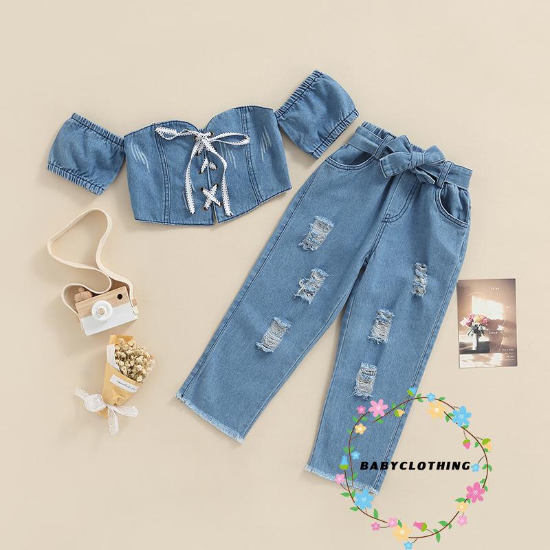 Summer Toddler Kids Baby Girls Clothes Crop Tops Denim Skirt Dress Outfit  Set Blue 5-6 Years