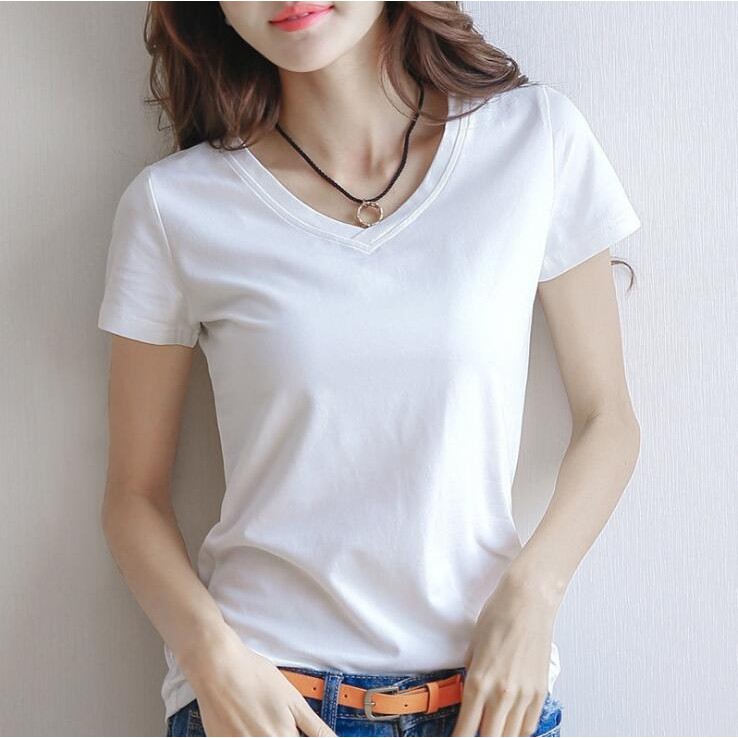 Women White Cotton Plain T shirt Short Sleeve Loose Shirt Ladies Tops Basic