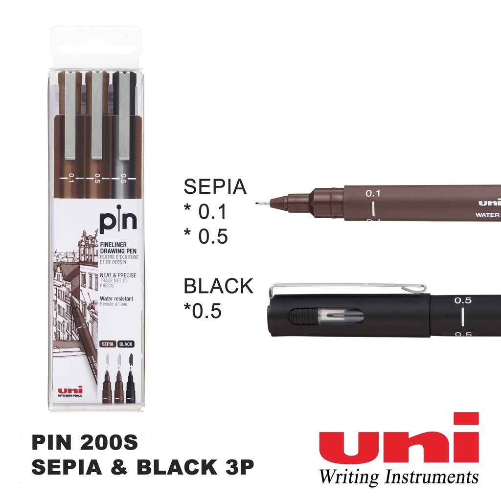 Uni Pin Fine Line Pens 3 Set, Sepia & Black