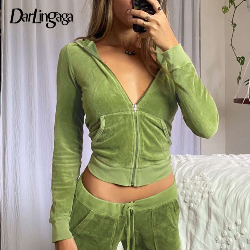 Darlingaga Vintage Fashion Green Velour Autumn Tracksuit Women Zip Up