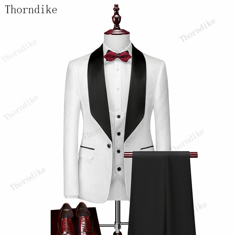 Thorndike Mens Wedding Suits White Jacquard With Black Satin Collar Tuxedo3  Pcs Groom Terno Suits F