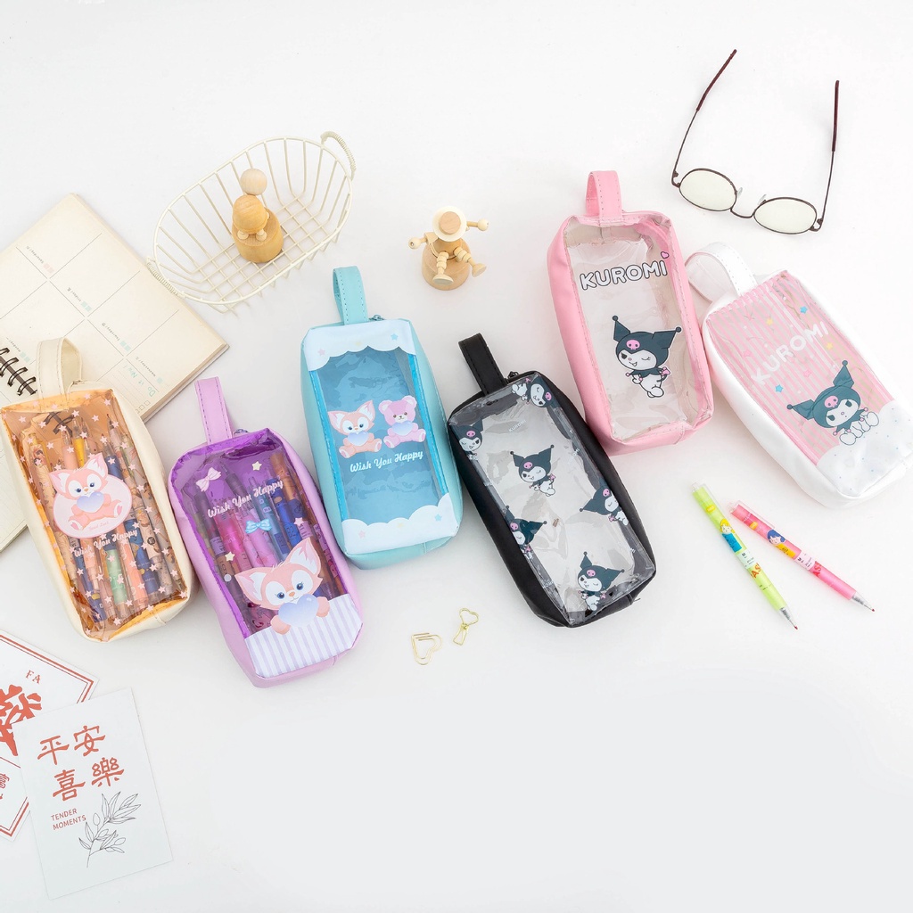 Cute Pencil Bag Transparent PVC Student Cartoon Pencil Case Large