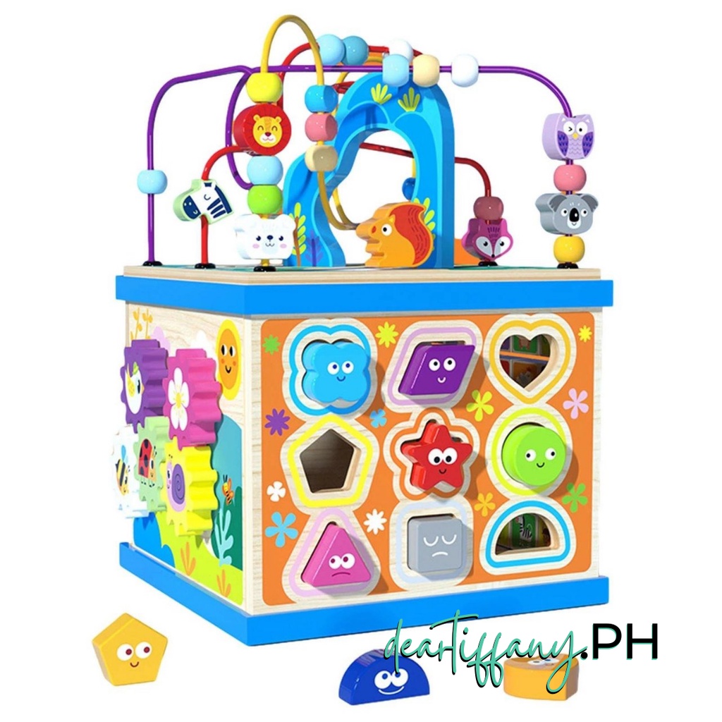WOODEN ACTIVITY CUBE WITH LETTER TILES SHAPE SORTER LINK GEARS AND ...