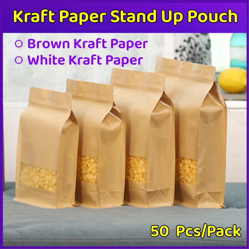 50 Pcs Kraft Stand Up Pouch with Ziplock Window Storage Packaging Bag ...