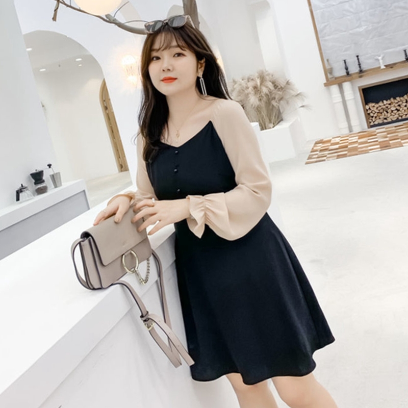 Women s Korean Style Plus Size Dress Color Block V Neck Long Sleeve A Line Dress Summer Loose Fit Puff Sleeve Midi Dress Ladies Office Dress Shopee Philippines