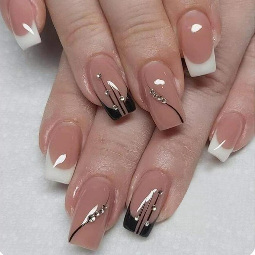24pcs Glossy Medium Rectangular Fake Nails, Striped Three-Dimensional ...