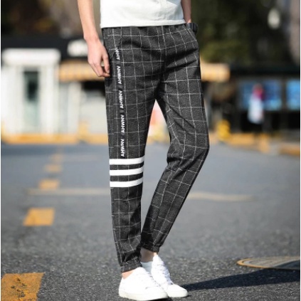 Fashion Men's Casual Plaid Pants Cotton Slim Fit Trousers Shopee