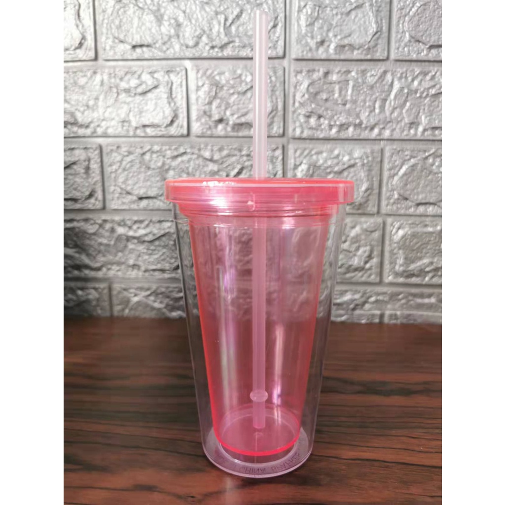 450ml Plastic Cups With Lid Iced Tumbler Water Cup with Straws Double ...