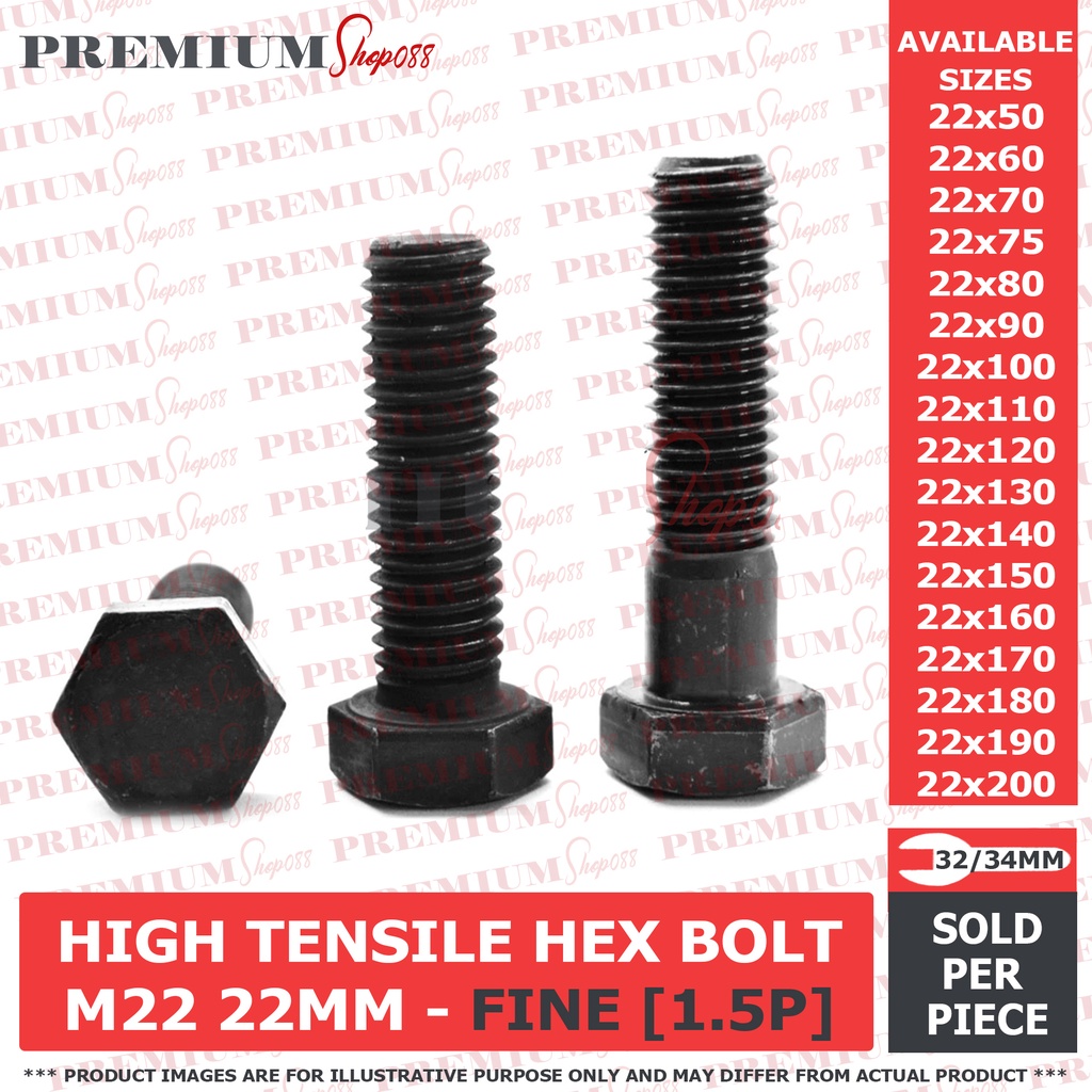 M22 22MM FINE THREAD High Tensile Hexagonal Bolt Cap Screw Nut Hex HT ...