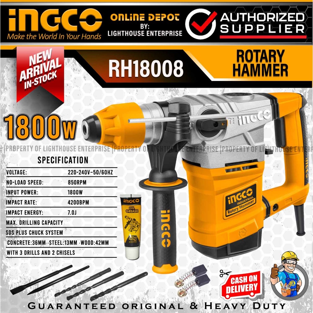 INGCO Industrial 1800W SDS Plus Chuck Rotary Hammer / Hammer Drill + 3