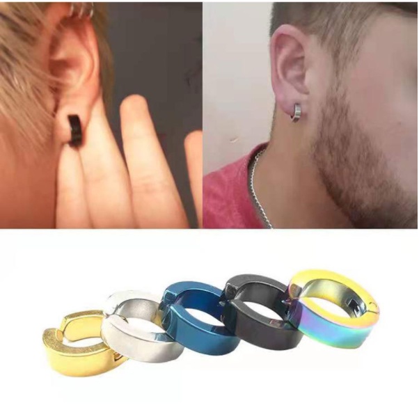 Mens Earrings Black Huggie Hoop - Or Ear Cartilage Piercing - Guys Cyber Corp Gothic Punk Rock - Stainless Steel - Medium No.154A