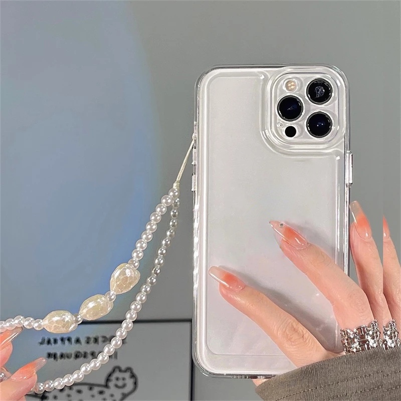 Luxury Shockproof Clear Hard Case With Love Pearl Keychain For Iphone ...