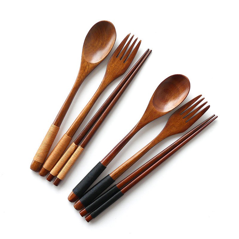 3pcs set Korean Wooden Tableware Fork Spoon Chopsticks Solid Wood