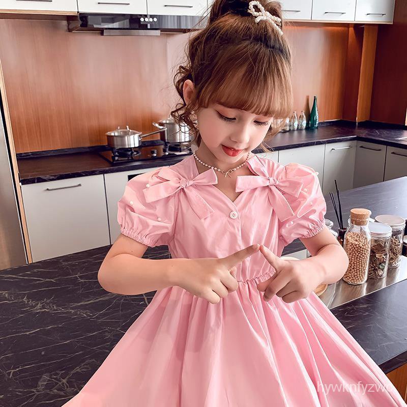 【Ready Stock】 Girls dress summer 2021 new little girl bow puff sleeve