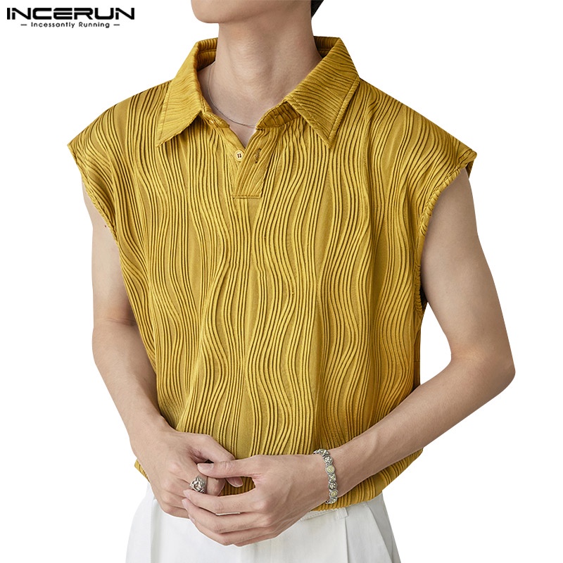 INCERUN Men's Summer Solid Color Collared Sleeveless Shirts Leisure ...