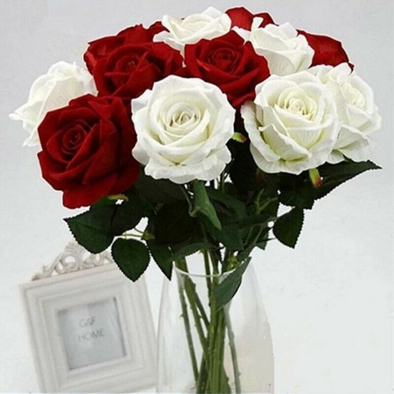 10PCS Romantic Rose Artificial Flower DIY Red White Silk Fake Flower ...