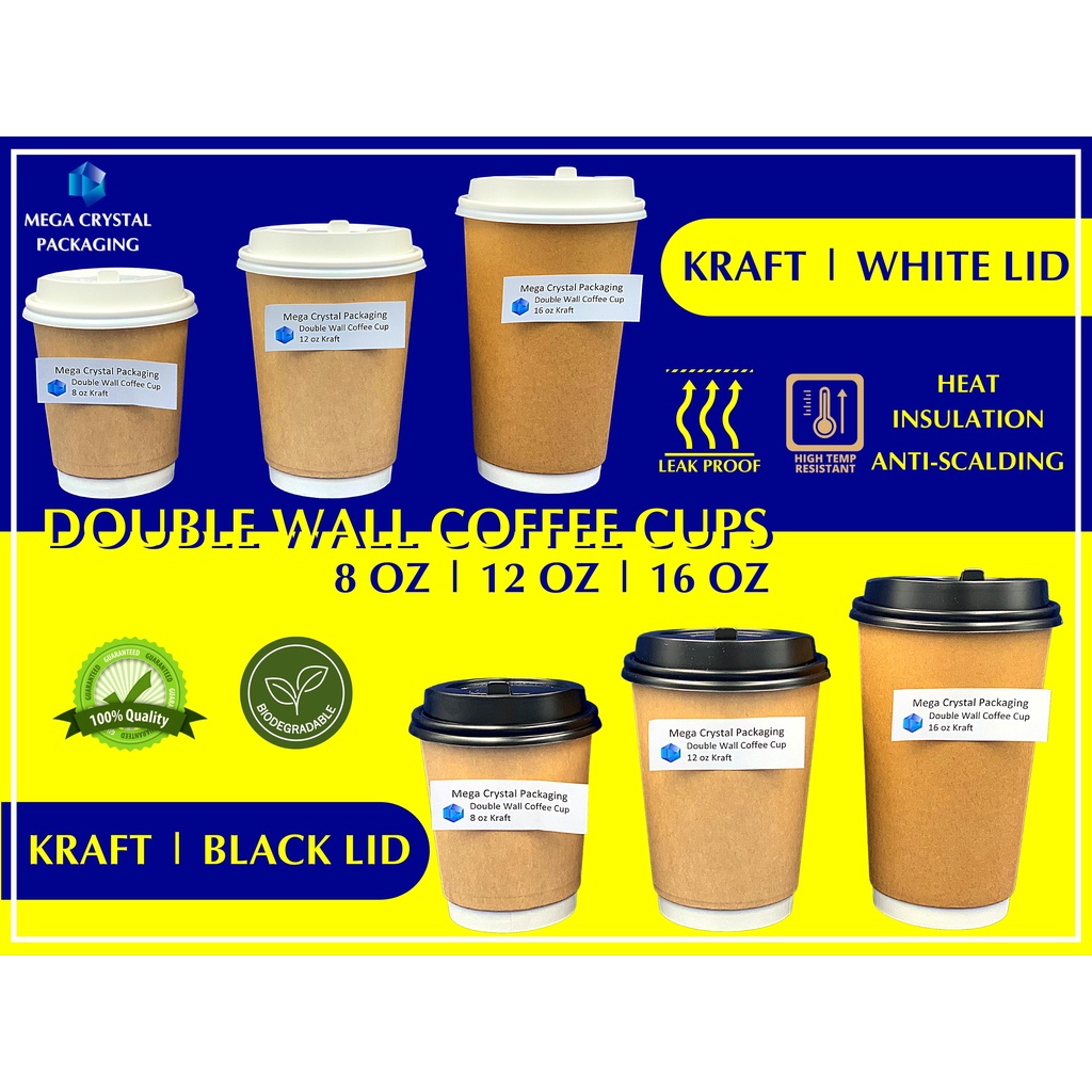 [ 25 Pcs ] Double Wall Hot Coffee Kraft Cup 8 oz / 12 oz / 16 oz with ...