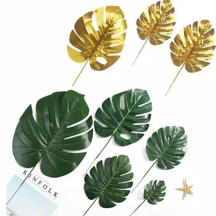 Artificial Monstera Palm Leaves Gold Silk Scattered Tail Leaf Fake