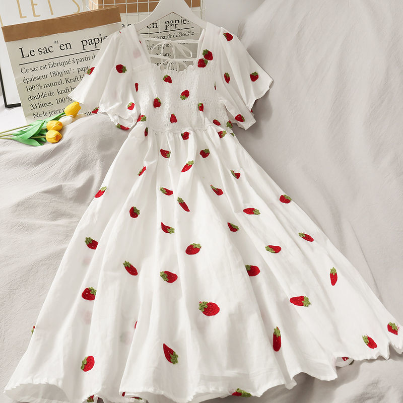 Cherry Dress Strawberry Kawaii Puff Sleeve Women's Retro White