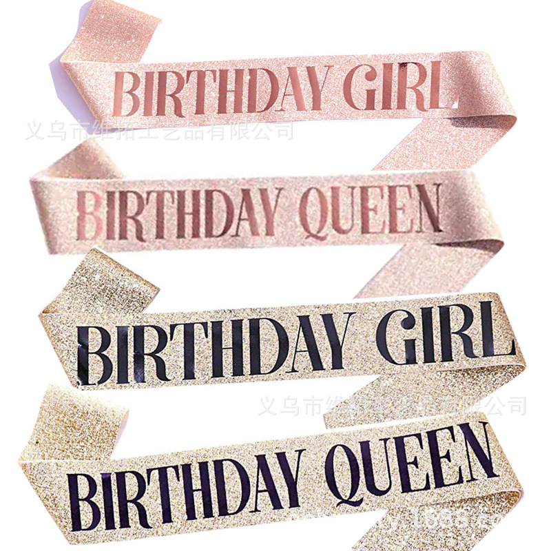 Glitter Satin Birthday Girl Sash Princess Ribbons Shoulder Happy