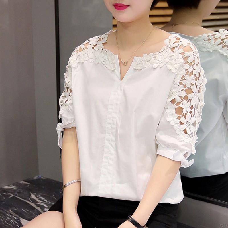 Korean Top Women Lace Summer Lace Hollow Out Casual Blouse Oversized ...