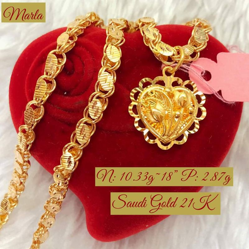 21k Saudi gold necklace with pendant heart Damascus chain 18inches
