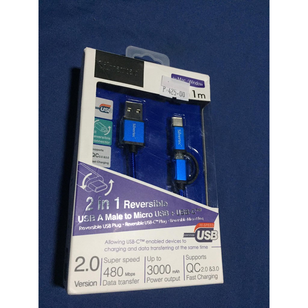 Silvertec 2 In 1 Reversible USB A Male to Micro USB + USB-C TCM-10 (1M ...